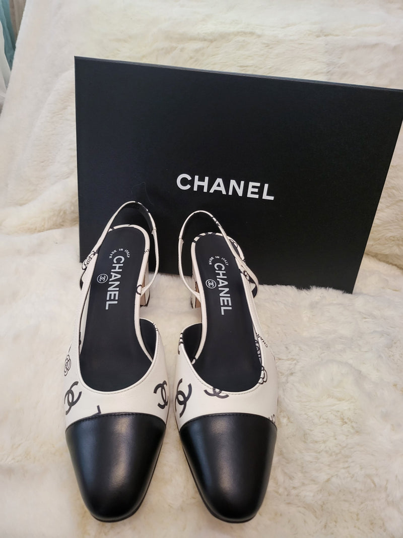 Chanel CC and camellia print slingbacks with black cap toe, size 38