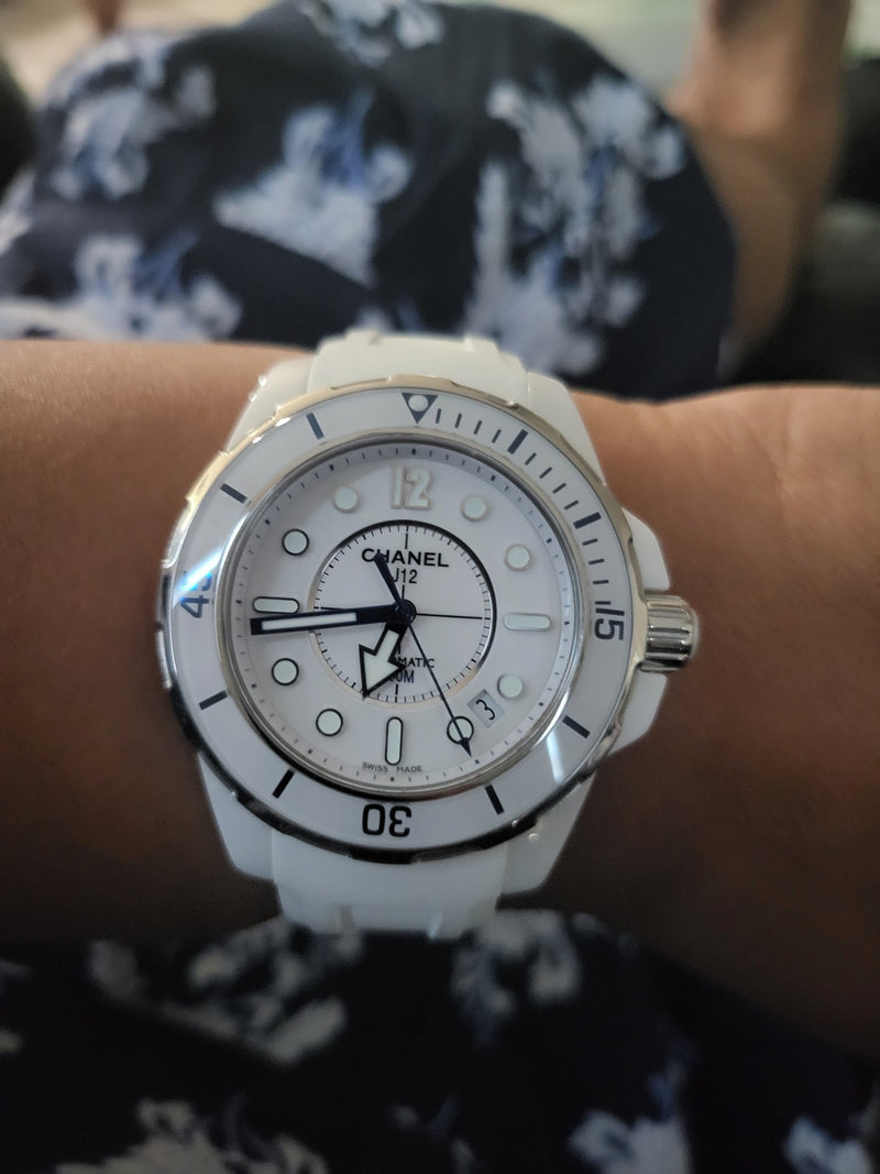 Chanel J12 Marine white ceramic automatic watch on the wrist