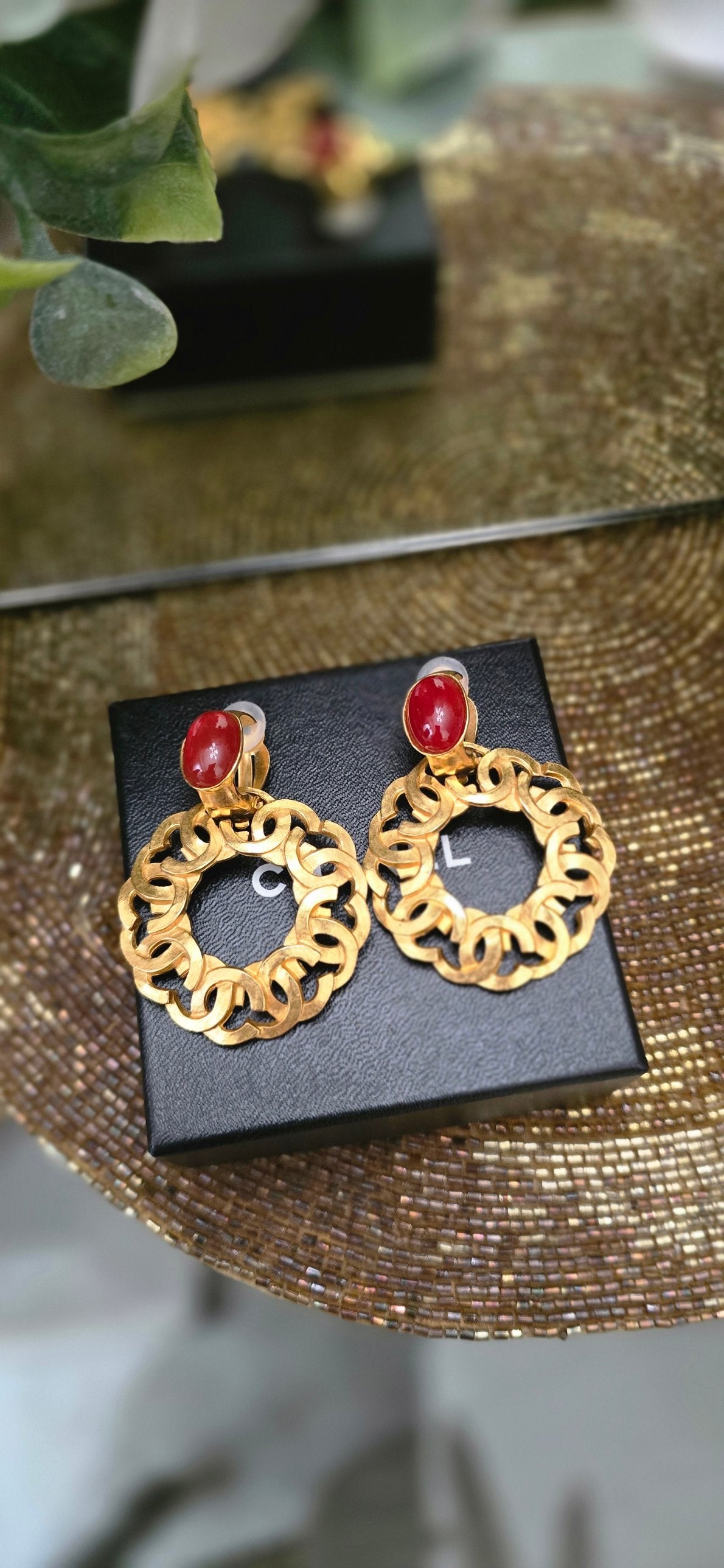 Vintage Chanel CC hoop drop earrings with red cabochons