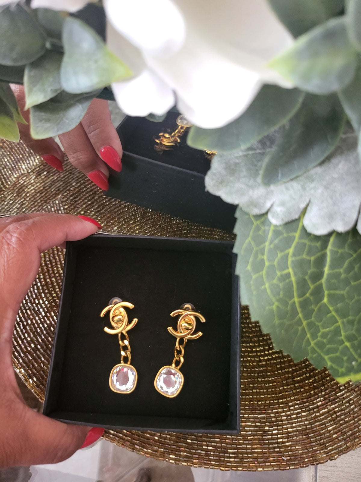 Vintage Chanel CC turn-lock drop earrings with crystals
