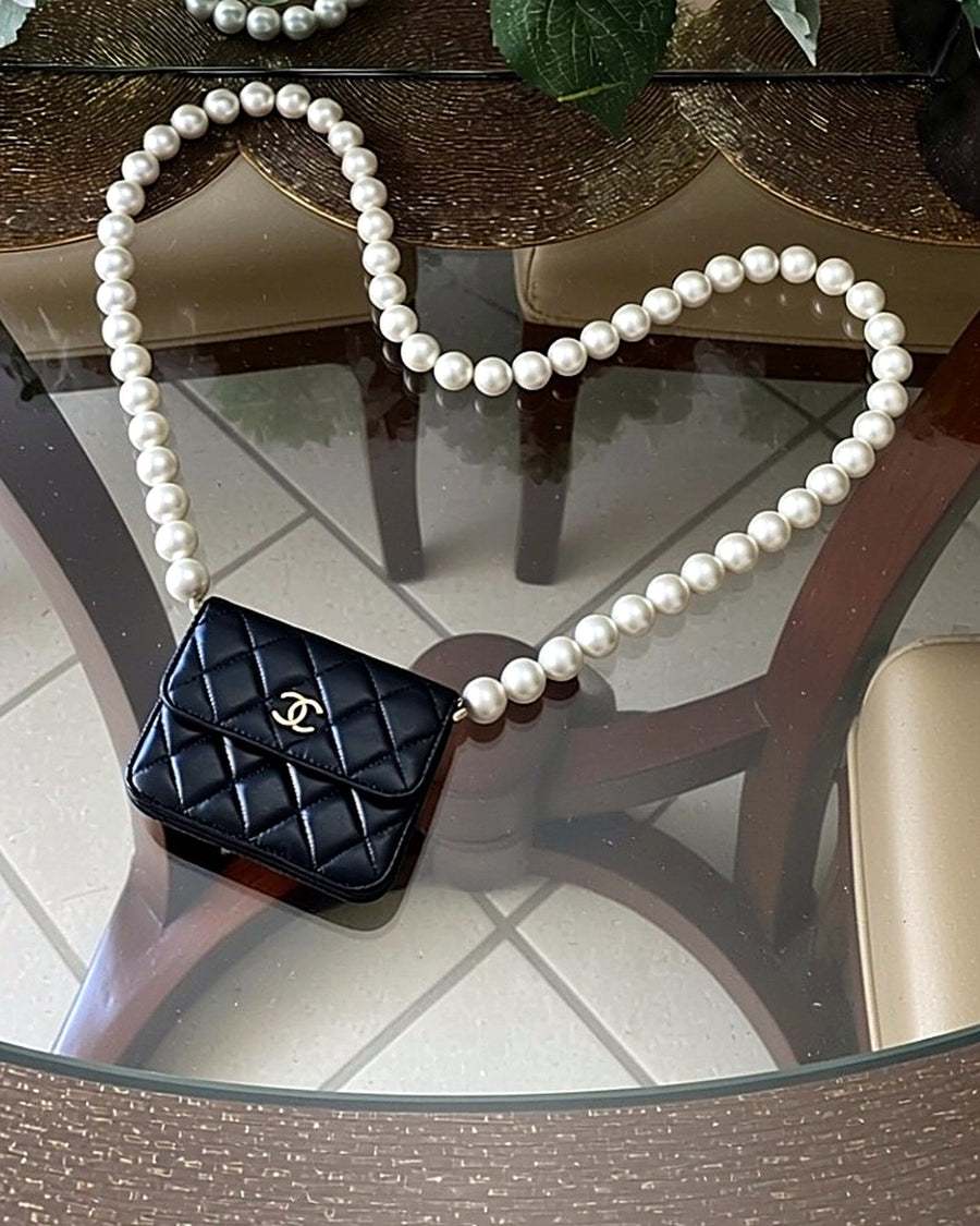 Chanel Mini Flap Bag with Pearl Strap, Black Lambskin