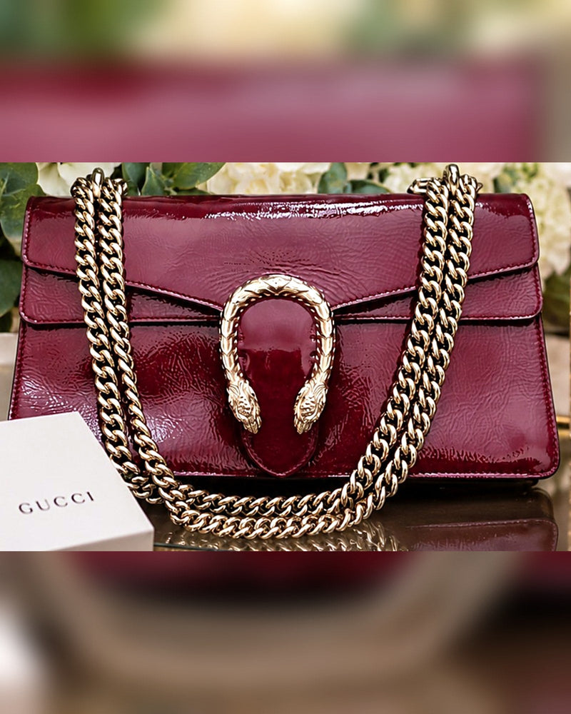 Gucci Small Dionysus Shoulder Bag, Burgundy Crinkled Patent