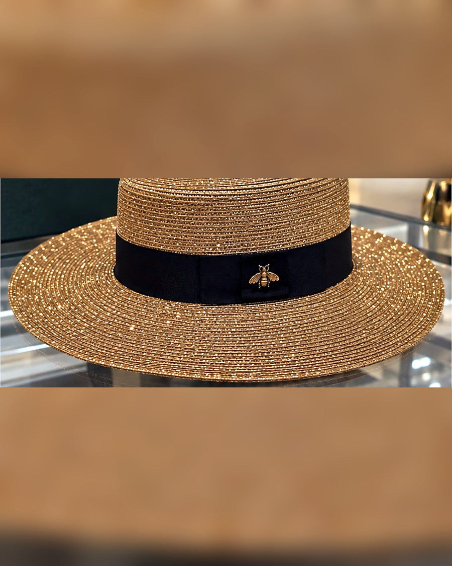 Gucci Papier Wide Brim Hat with Bee, Gold Glitter