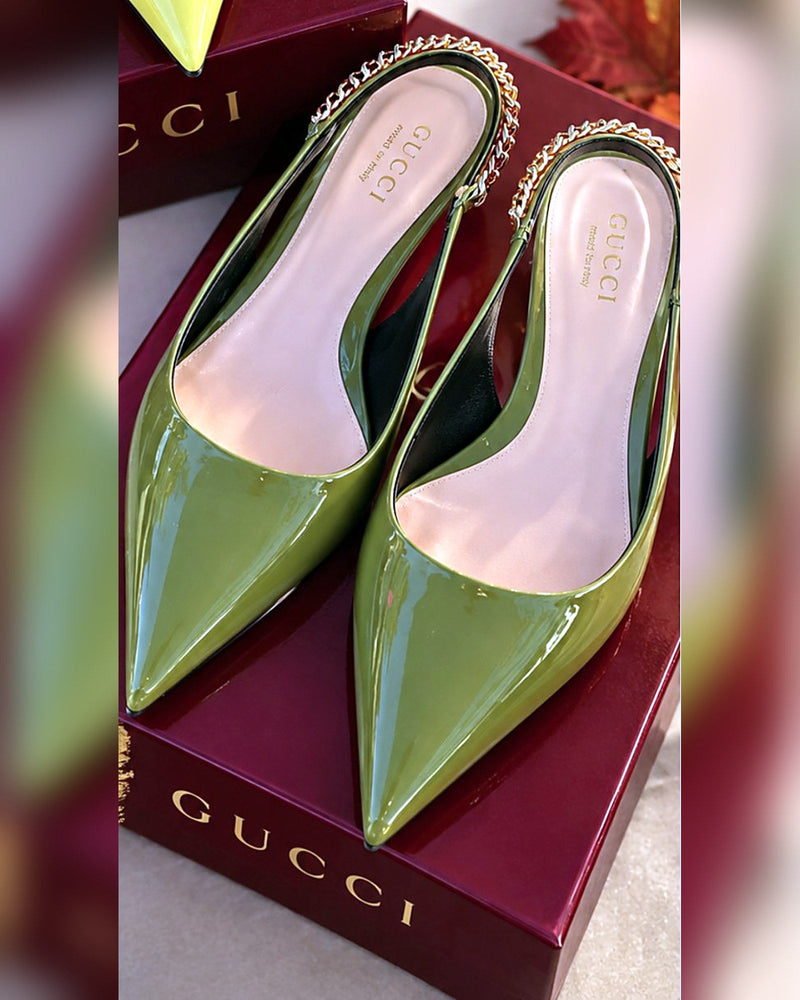 Gucci Signoria Slingback Pumps, Green Patent