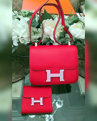 Hermès Constance Compact Wallet, Red Epsom with Pink Enamel H