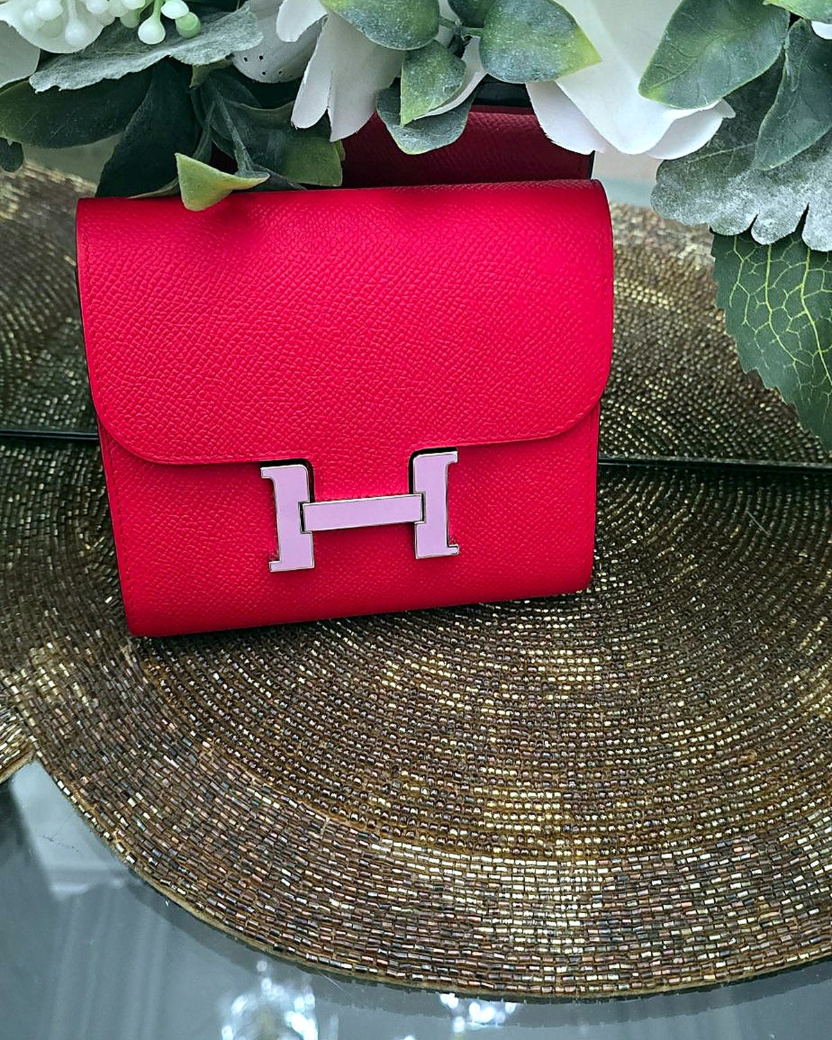 Hermès Constance Compact Wallet, Red Epsom with Pink Enamel H