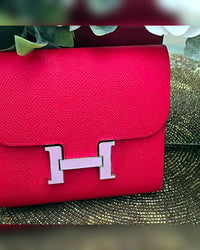 Hermès Constance Compact Wallet, Red Epsom with Pink Enamel H