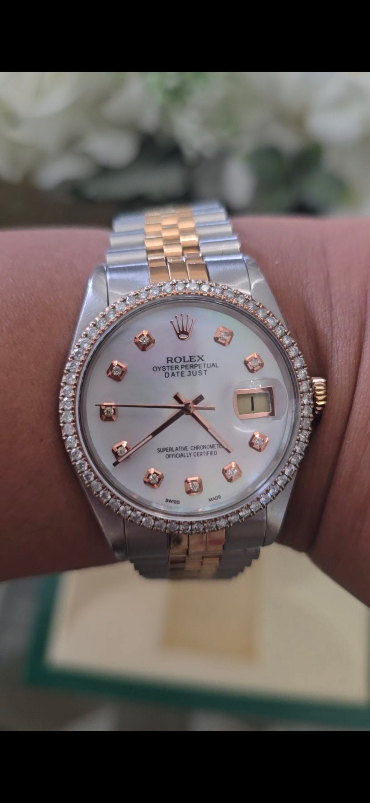 Rolex Datejust steel and rose gold with diamond bezel and mother-of-pearl dial