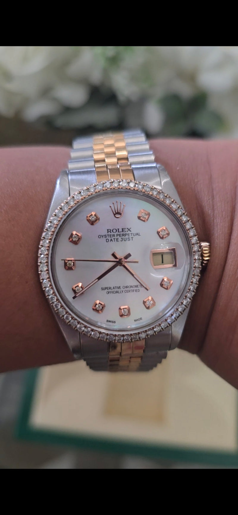 Rolex Datejust steel and rose gold with diamond bezel and mother-of-pearl dial